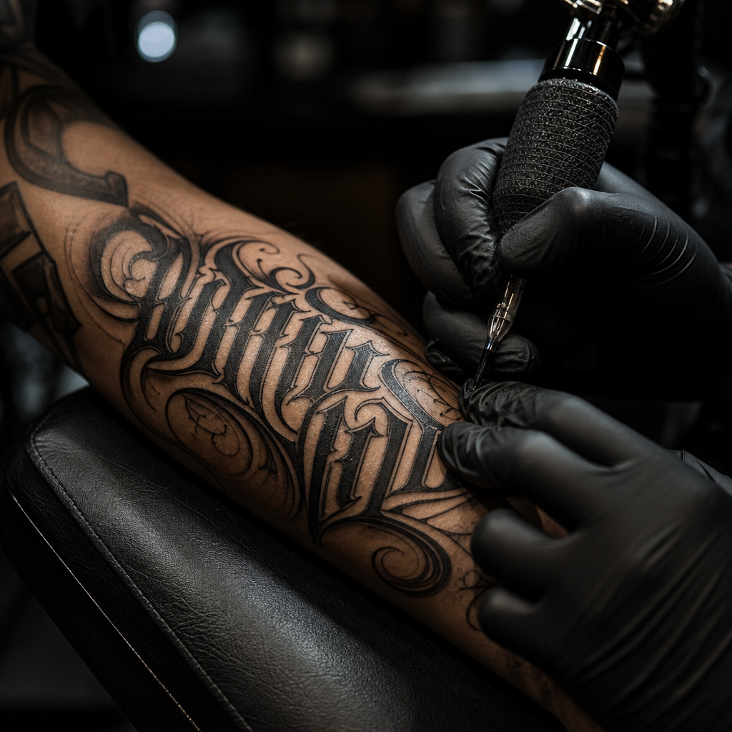 Tattoo lettering close-up showing sharp strokes and spacing control