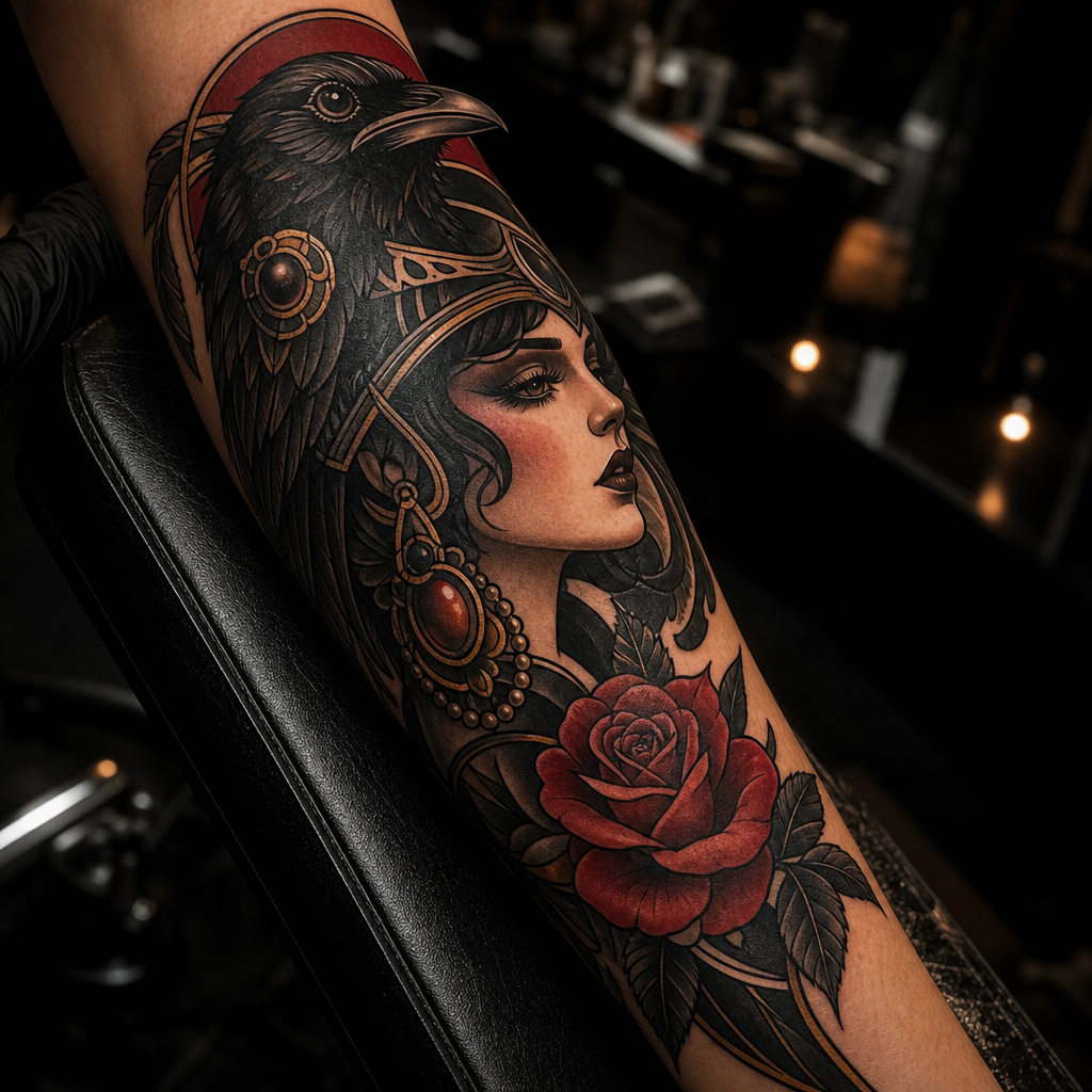 Neo-traditional tattoo piece with bold linework and rich contrast photographed in studio
