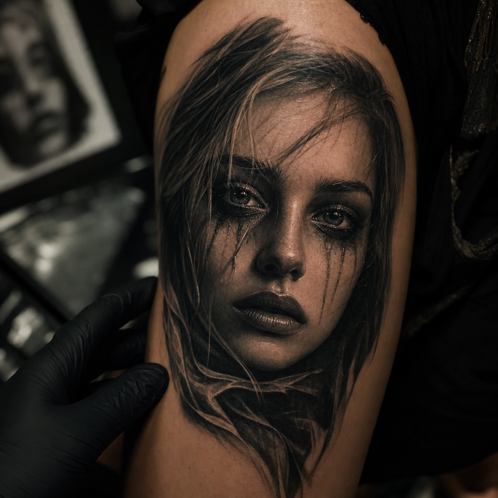 Portrait tattoo detail with realistic facial shading captured at the tattoo station