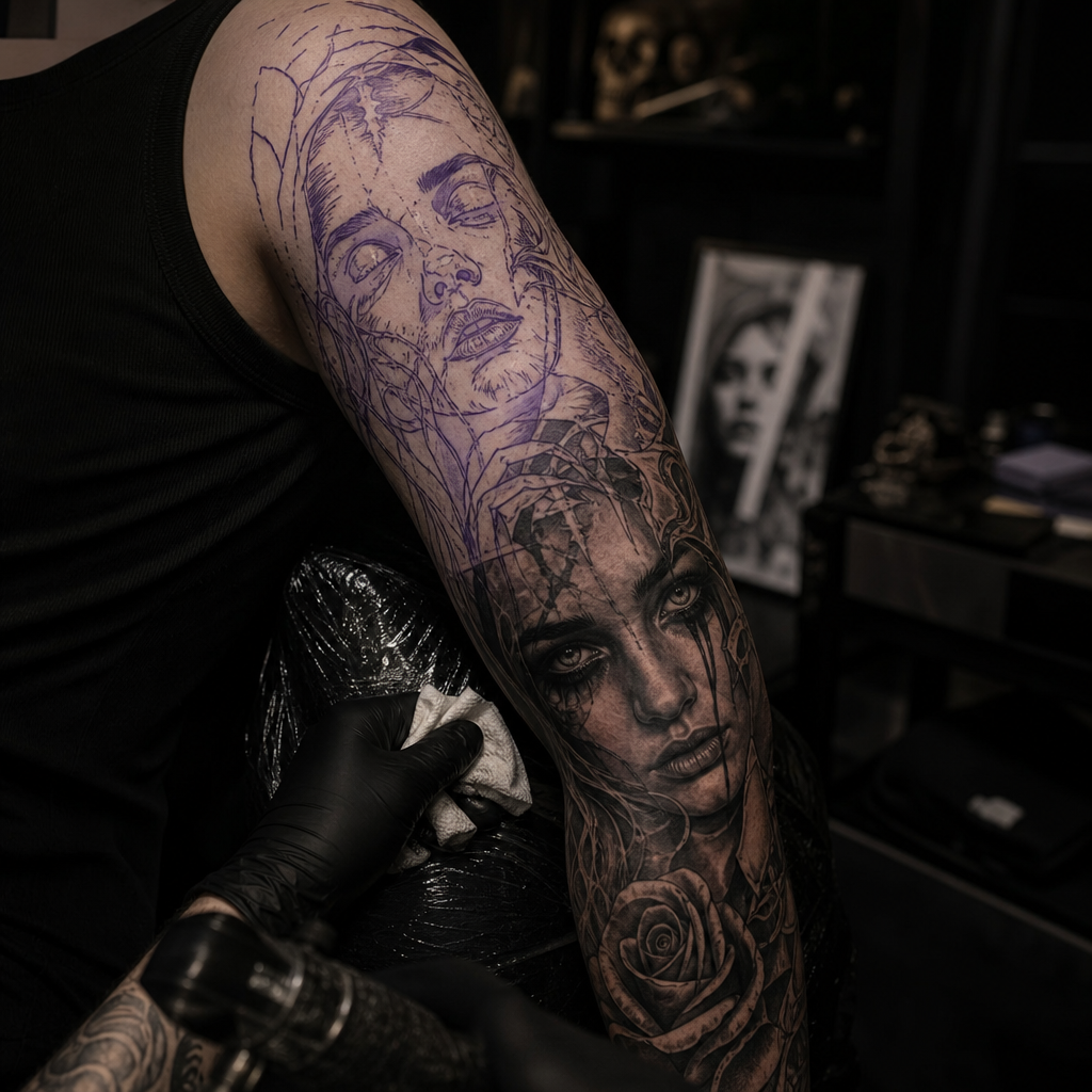 Sleeve-progress tattoo view with stencil and completed sections shown in studio