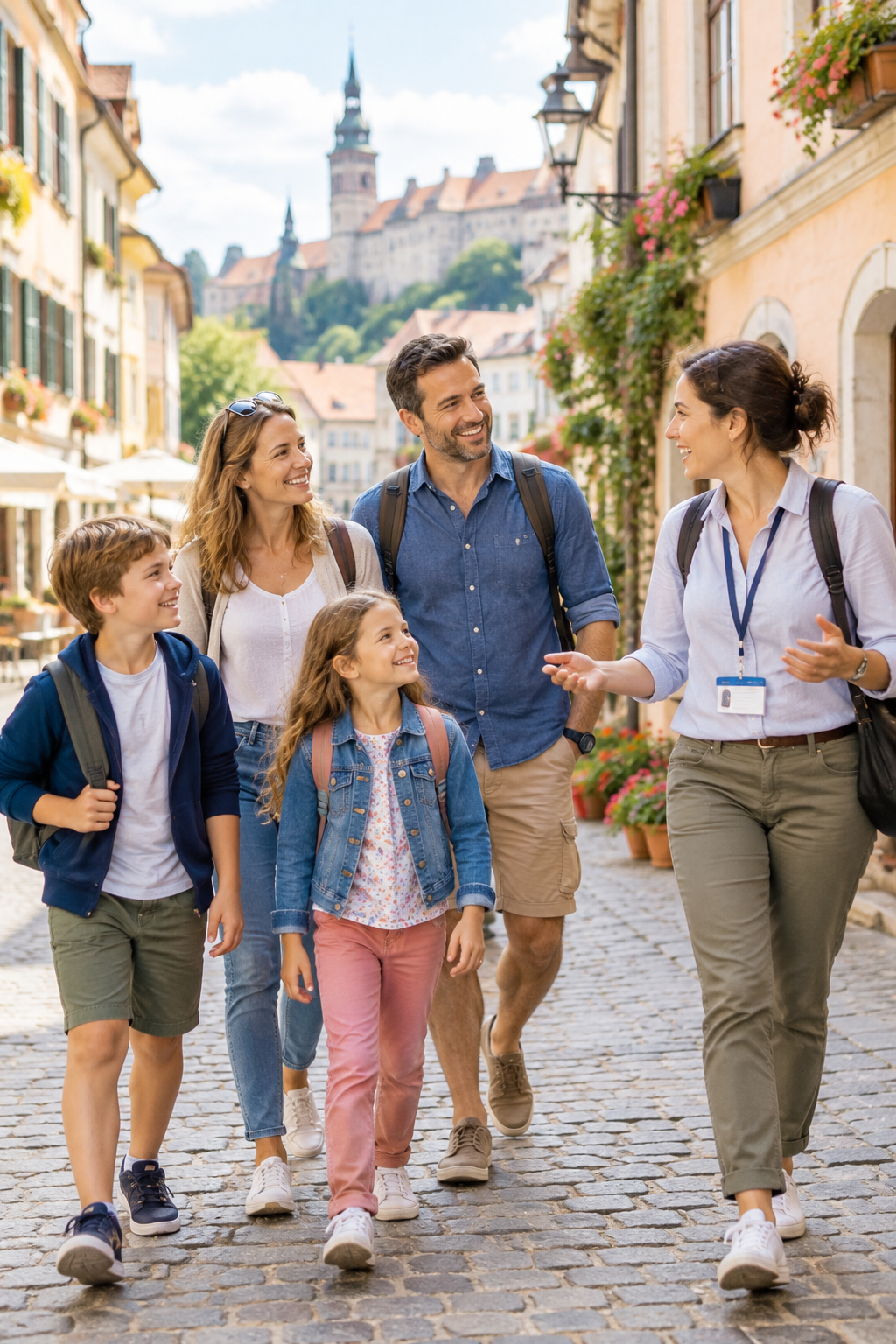 A smiling family with two children walking through a European old-town street with a friendly tour guide