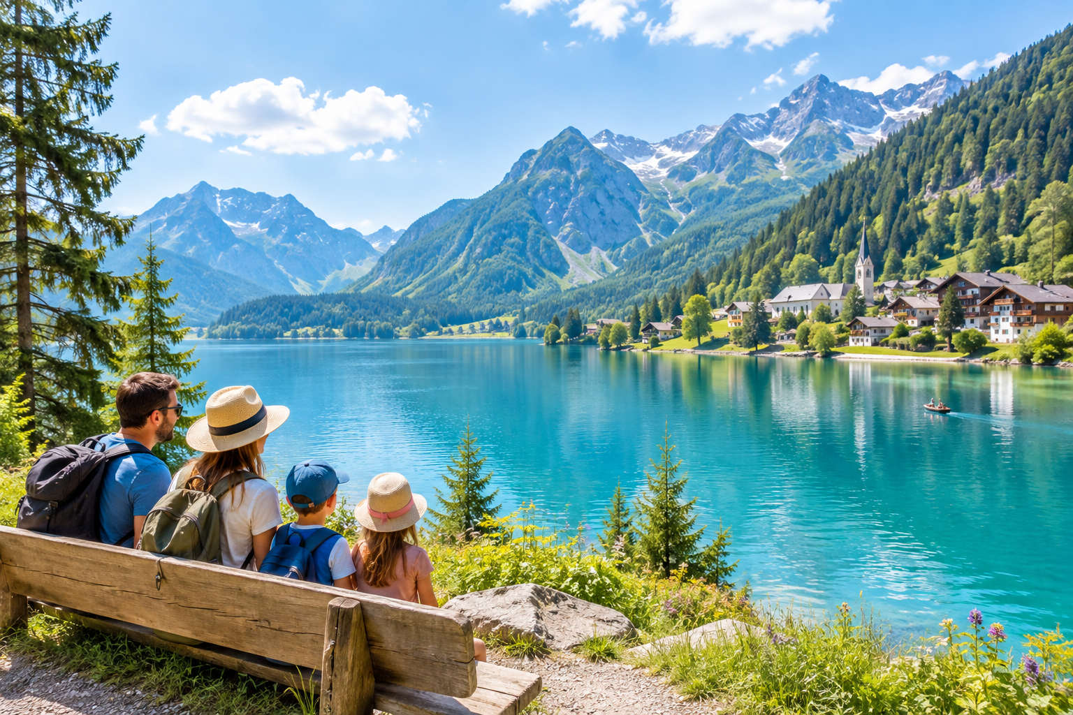 Turquoise alpine lake beside pine forest and mountain village under bright summer sky