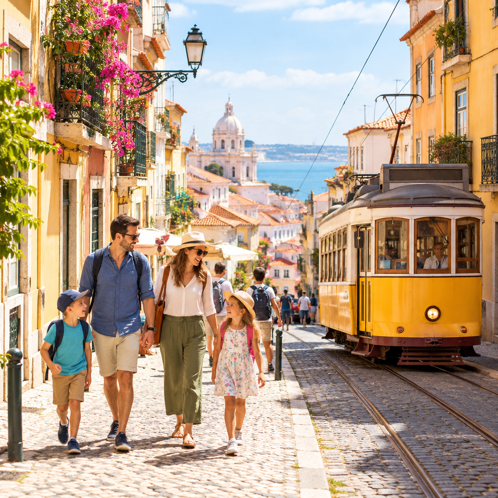 Colorful European old town street with classic tram and families strolling outdoors