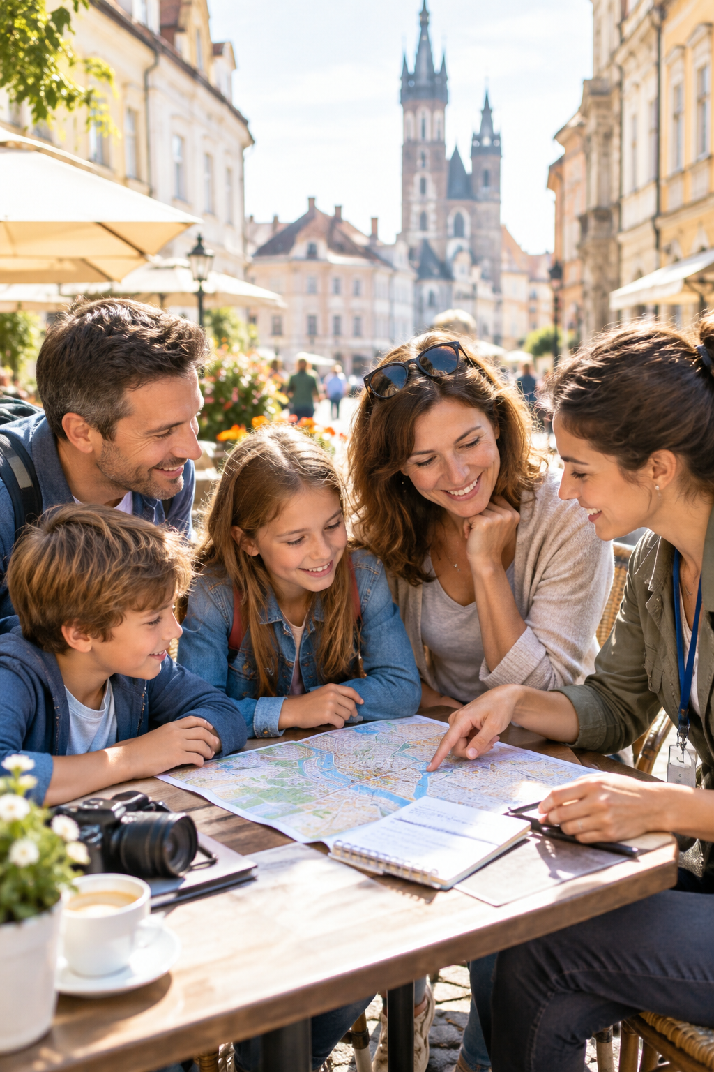 Relaxed family of four reviewing a Europe city map with a guide at a sunny outdoor café, with children smiling and travel notes on the table