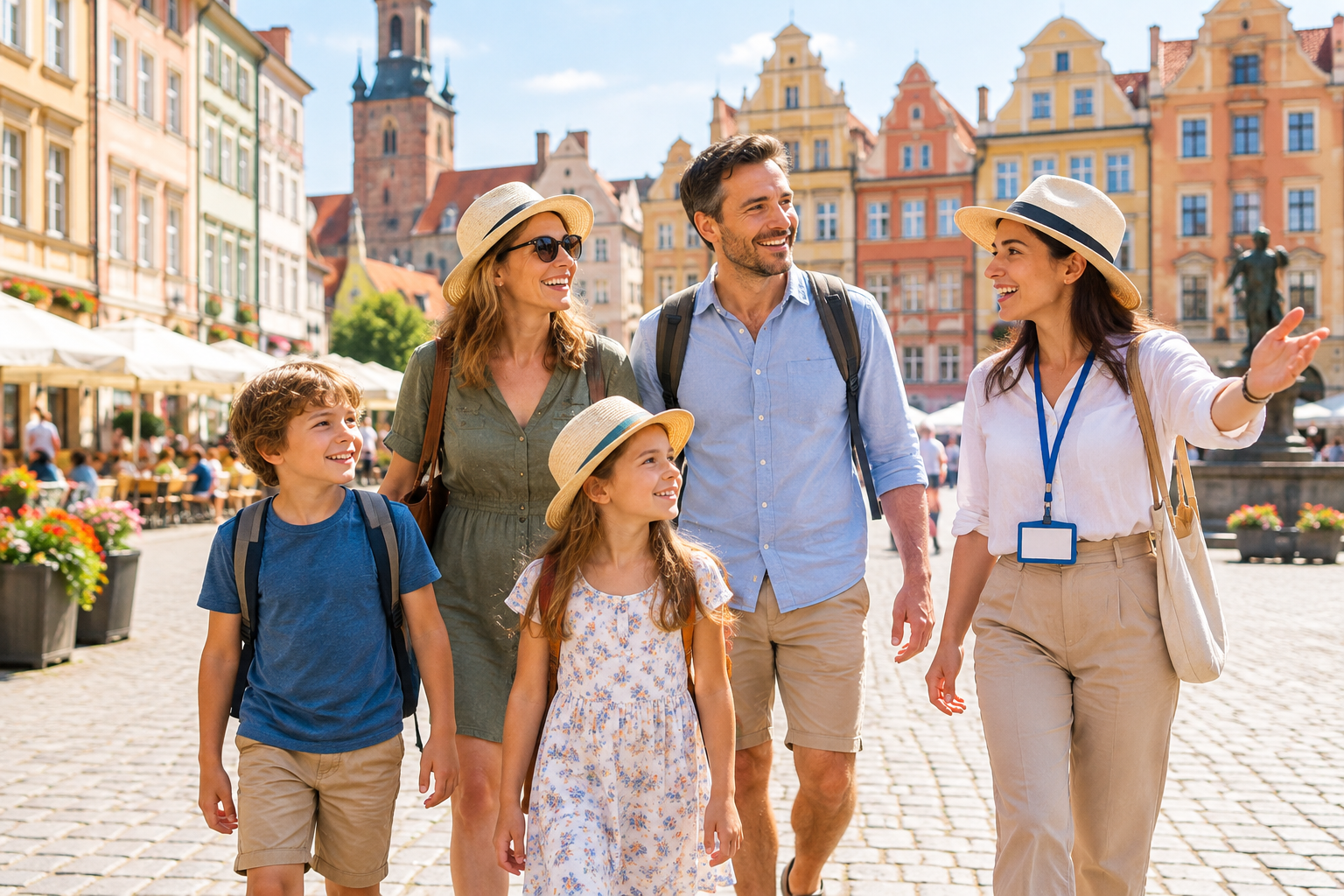 Smiling family with two children walking through a sunny European old town square with colorful historic buildings and a local guide