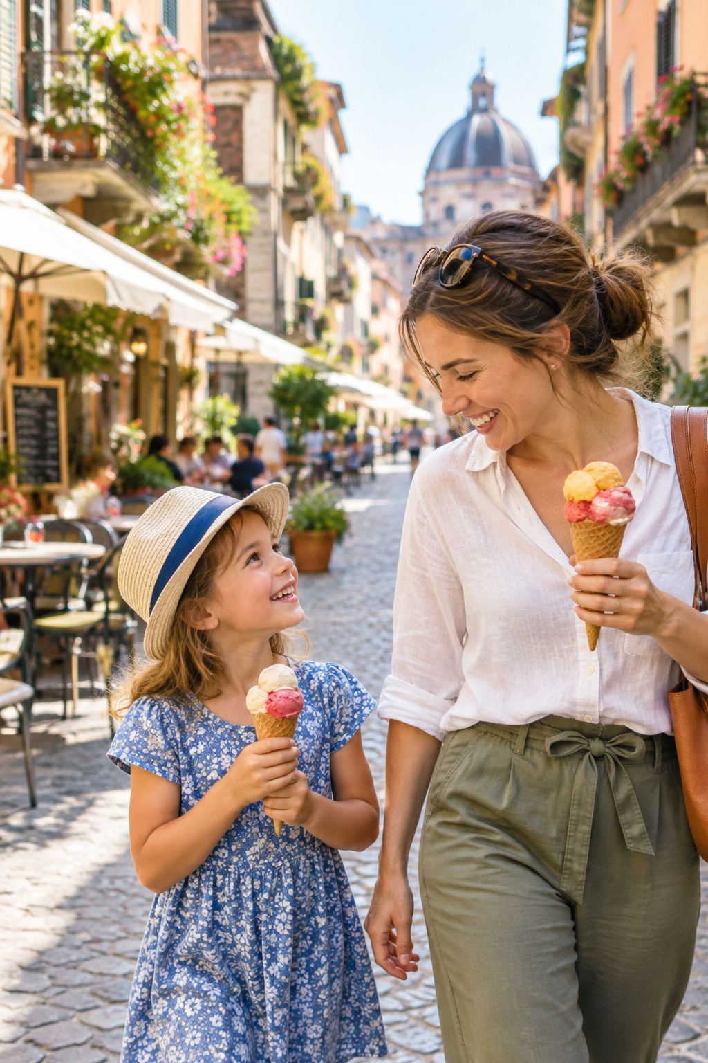 Parent and child smiling with colorful gelato while strolling through a cobblestone European lane with café tables and flowered balconies