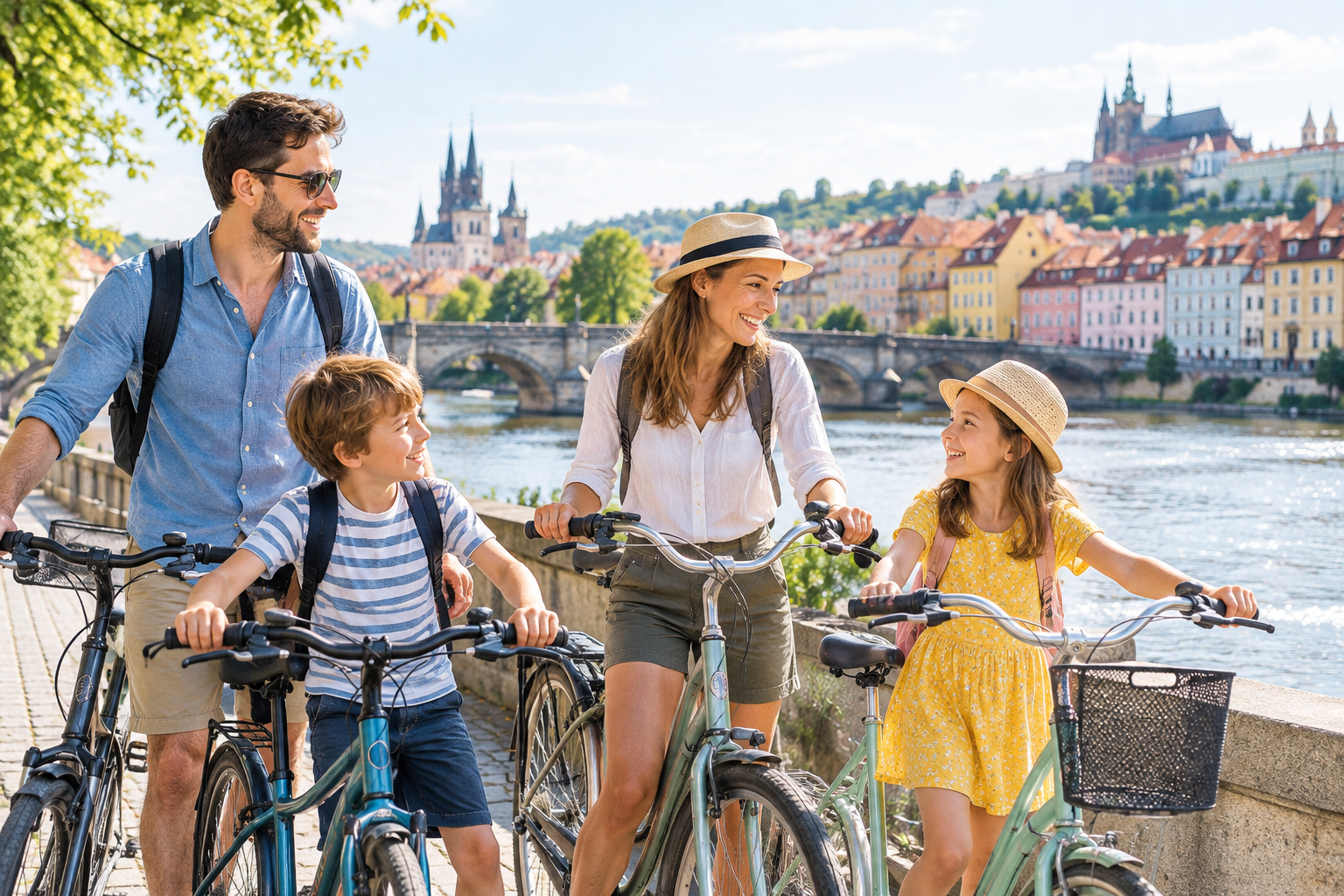 Family with two children pausing with rental bicycles beside a European riverside promenade lined with pastel townhouses in soft morning light