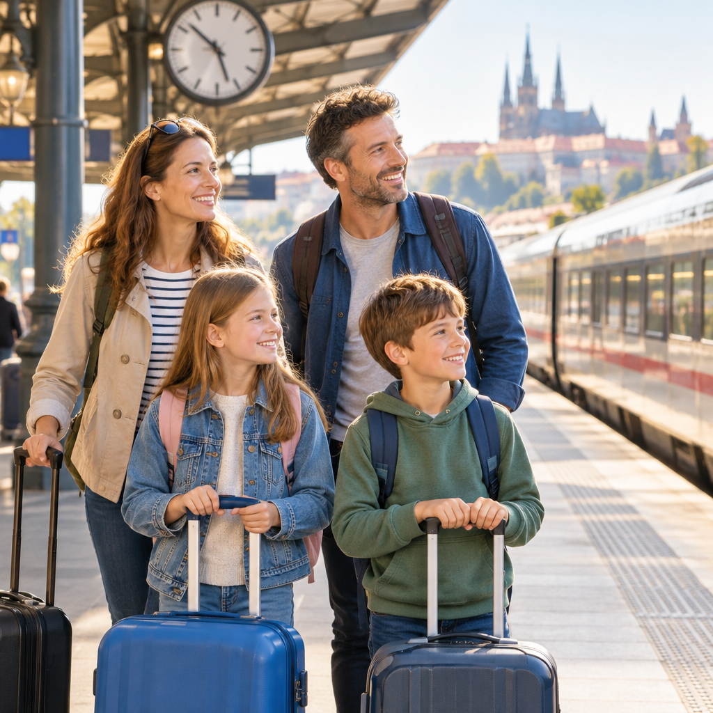 Family with two school-age children waiting on a clean European train platform with rolling carry-ons and a station clock in warm afternoon light