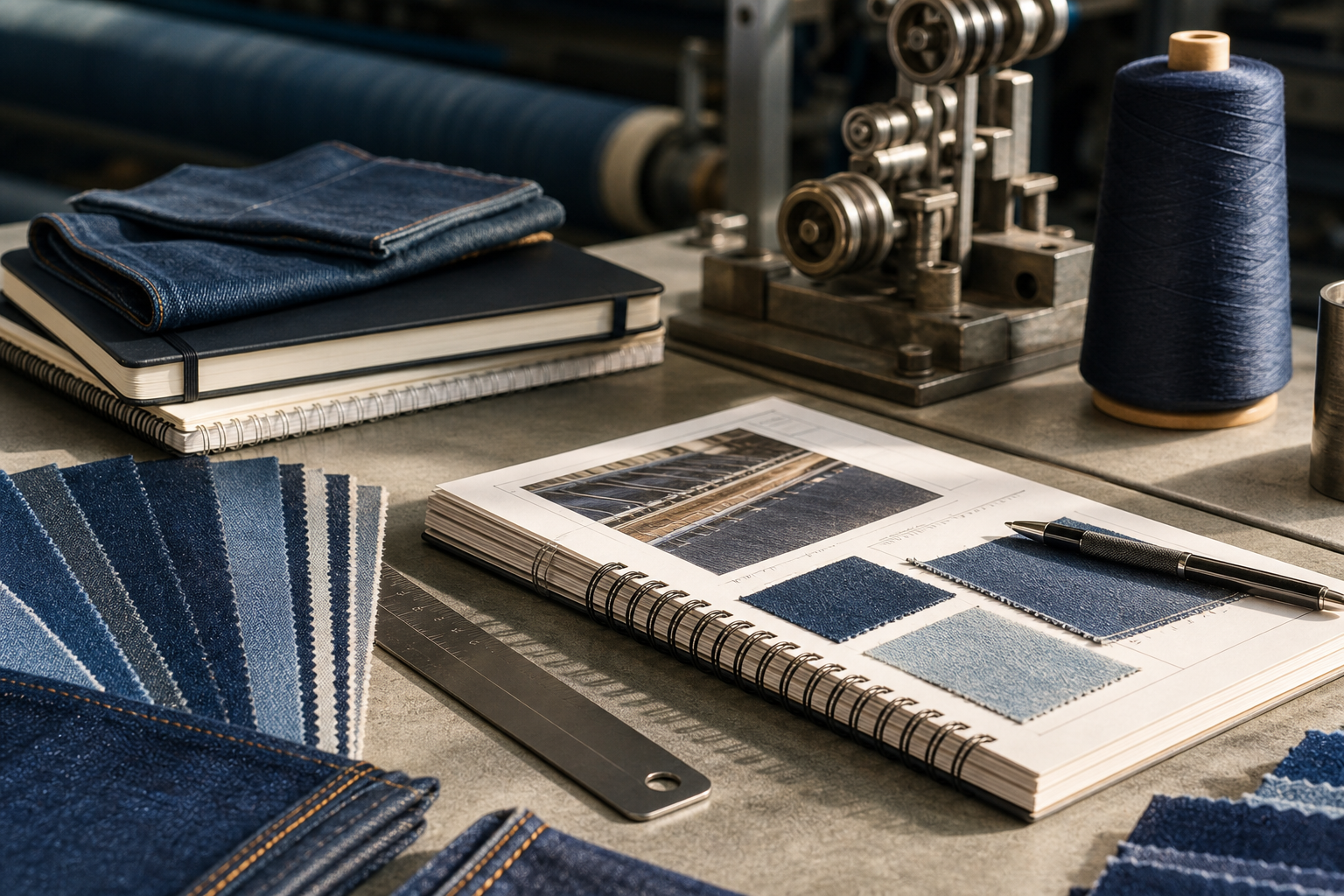 Warm-toned editorial still-life detail from a denim mill workspace with tactile materials and natural light