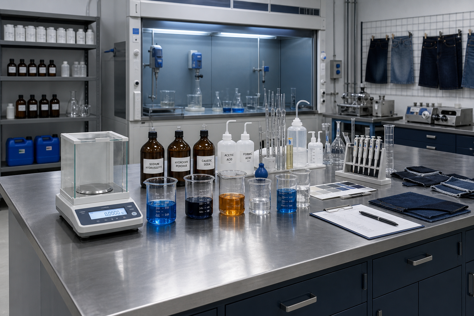 Full-view denim chemical laboratory bench with precision balance, glass beakers filled with blue and amber solutions, reagent bottles, and measurement tools visible across the entire workstation