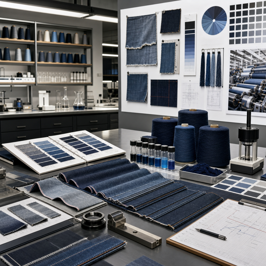 Tall portrait denim laboratory scene with full-length workbench setup, indigo sample testing, and technical specialists reviewing fabric quality in a premium industrial consulting environment