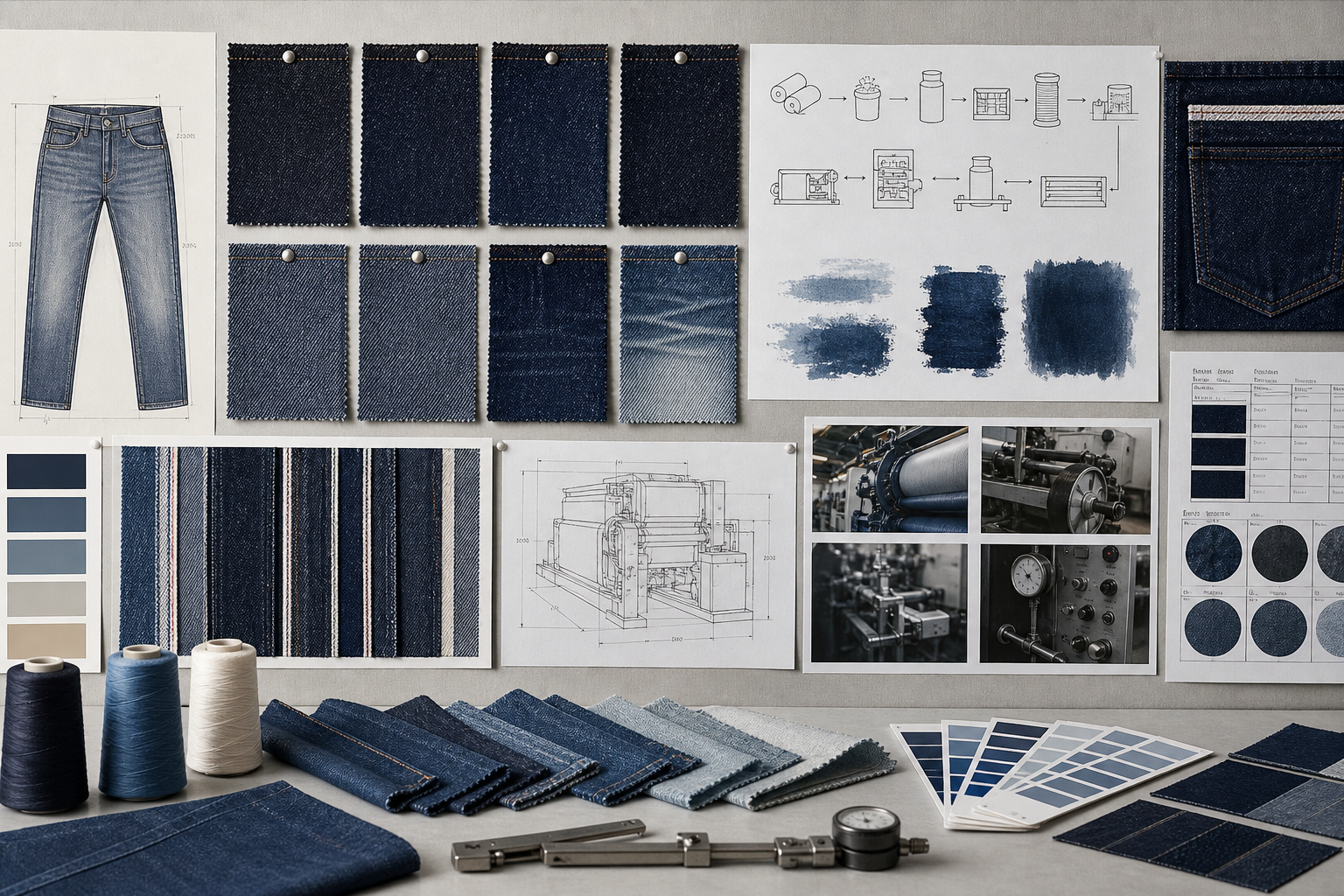 Technical denim development board with fabric swatches, process flow diagrams, and calibration notes in a clean industrial studio layout