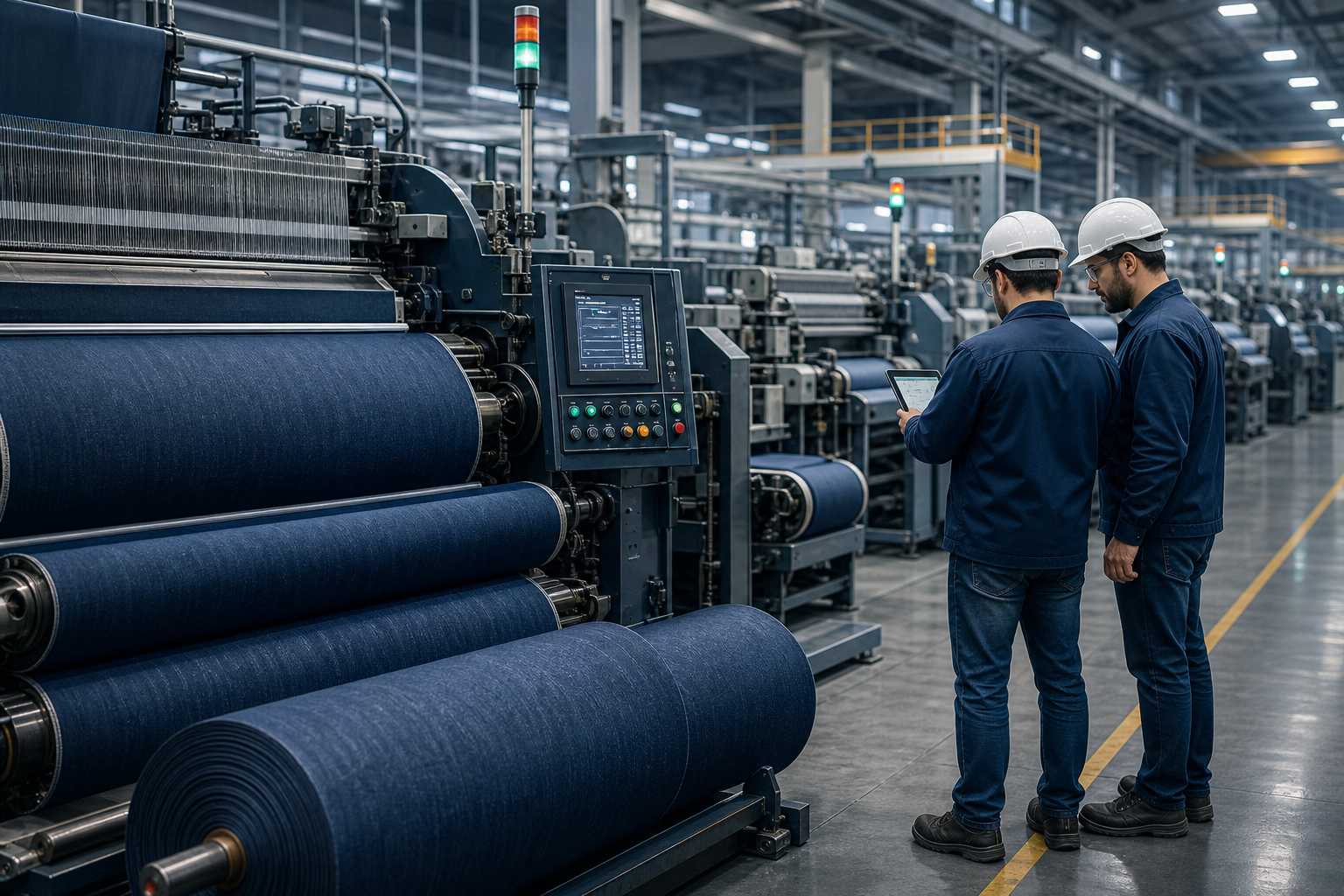 Premium denim mill production floor with large weaving machinery, indigo fabric rolls, and engineers reviewing process parameters