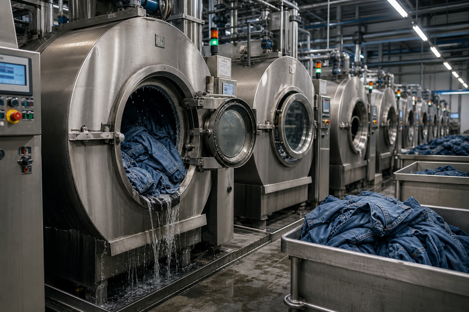 Industrial denim laundry facility with large stainless treatment washing drums processing denim garments in a clean, professional textile factory setting
