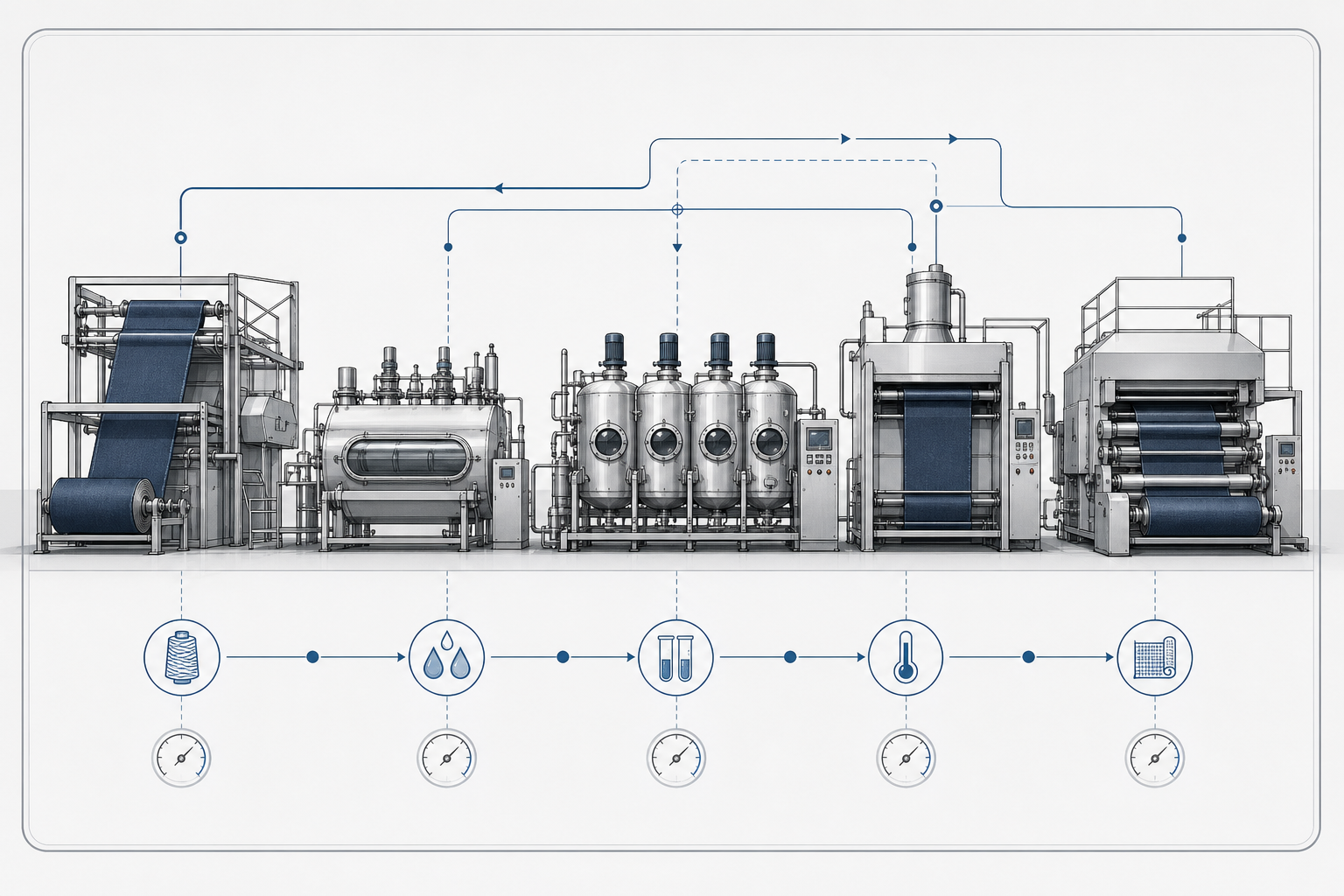 Contained technical line illustration of denim mill machinery calibration and process flow