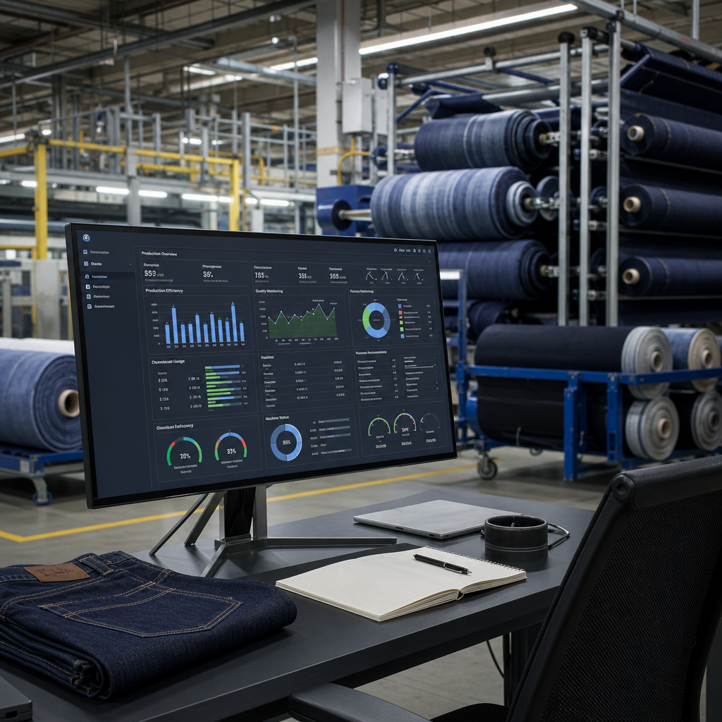 Professional industrial workstation monitor displaying process dashboards, production analytics charts, KPI panels, and technical metrics in a manufacturing oversight environment