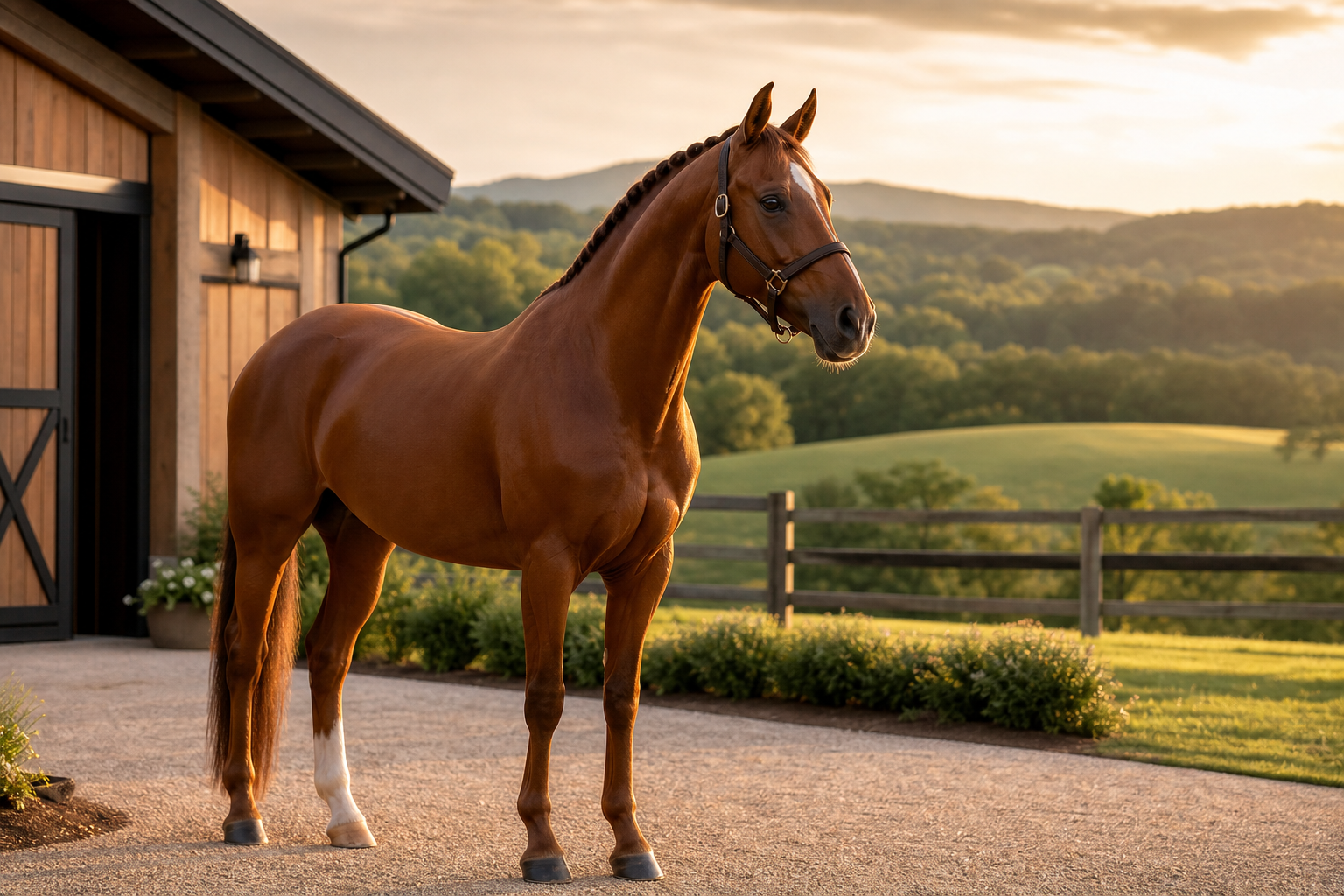 A refined chestnut horse standing near a modern barn with open pasture and distant hills at golden hour