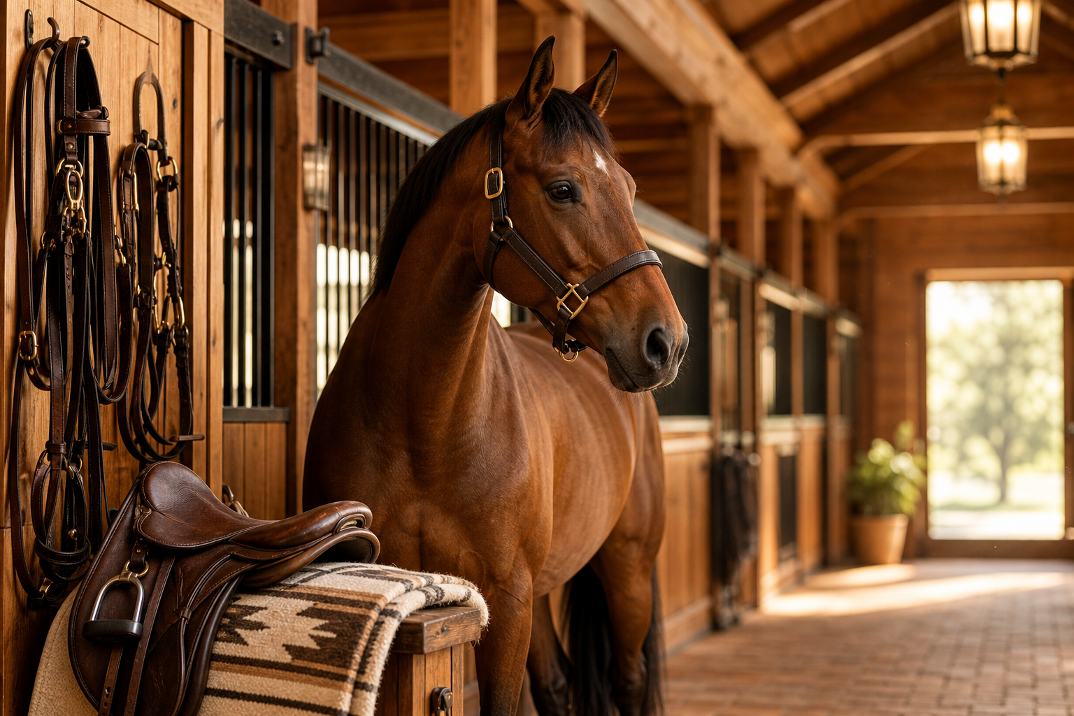 Warm ranch stable with a well-groomed bay horse standing calmly beside polished tack