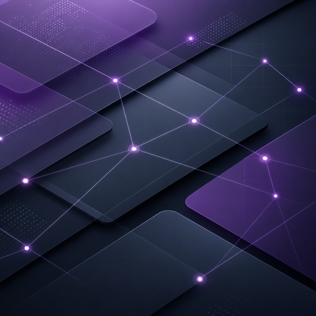 Abstract geometric network with layered purple and slate panels, subtle grid lines, and connected nodes representing strategic healthcare alignment.