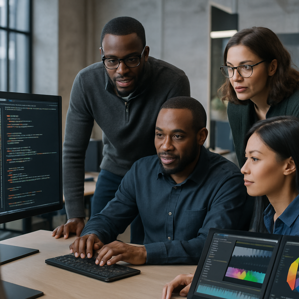 Engineers developing innovative media applications on large monitors