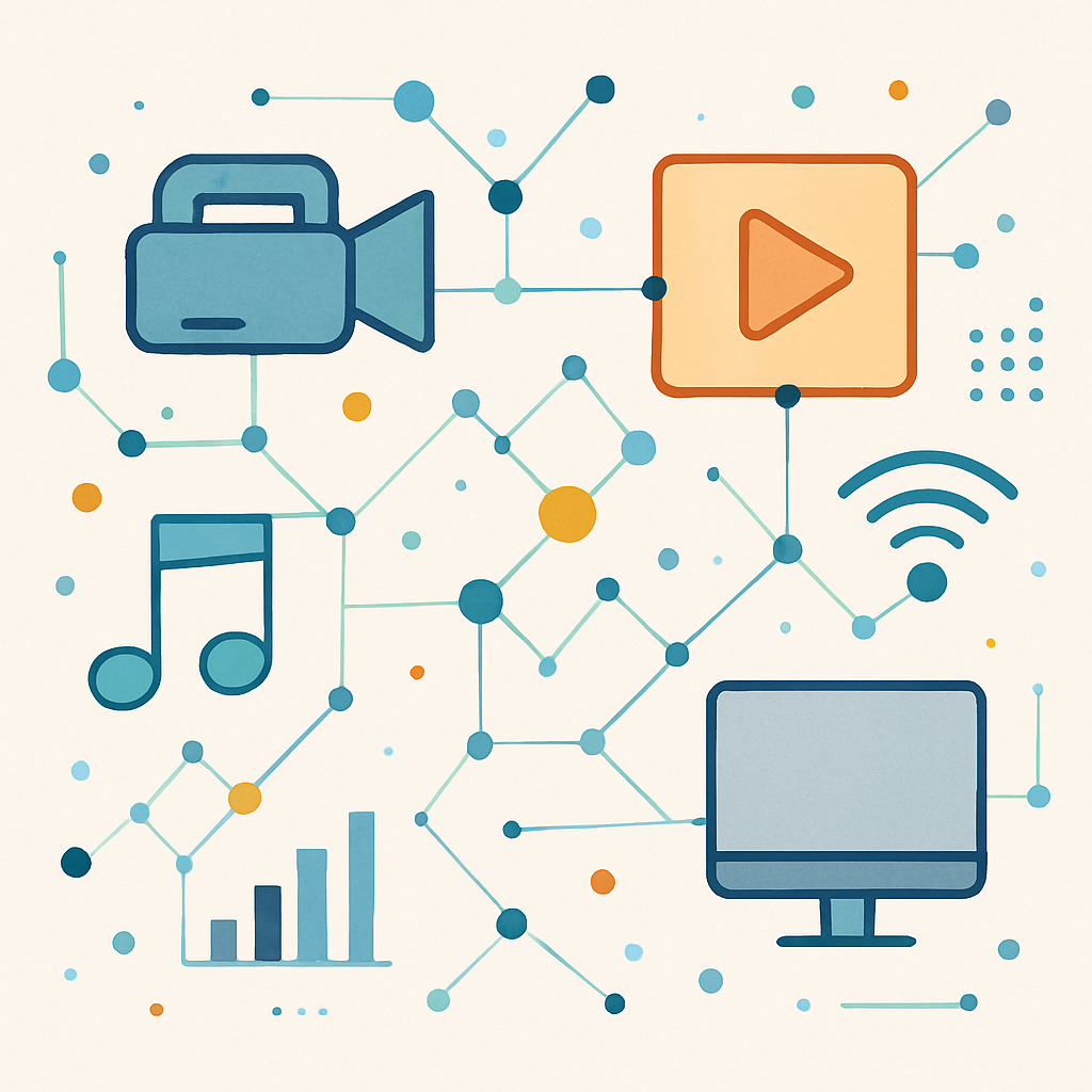 Abstract representation of media technology with interconnecting data points and digital media icons