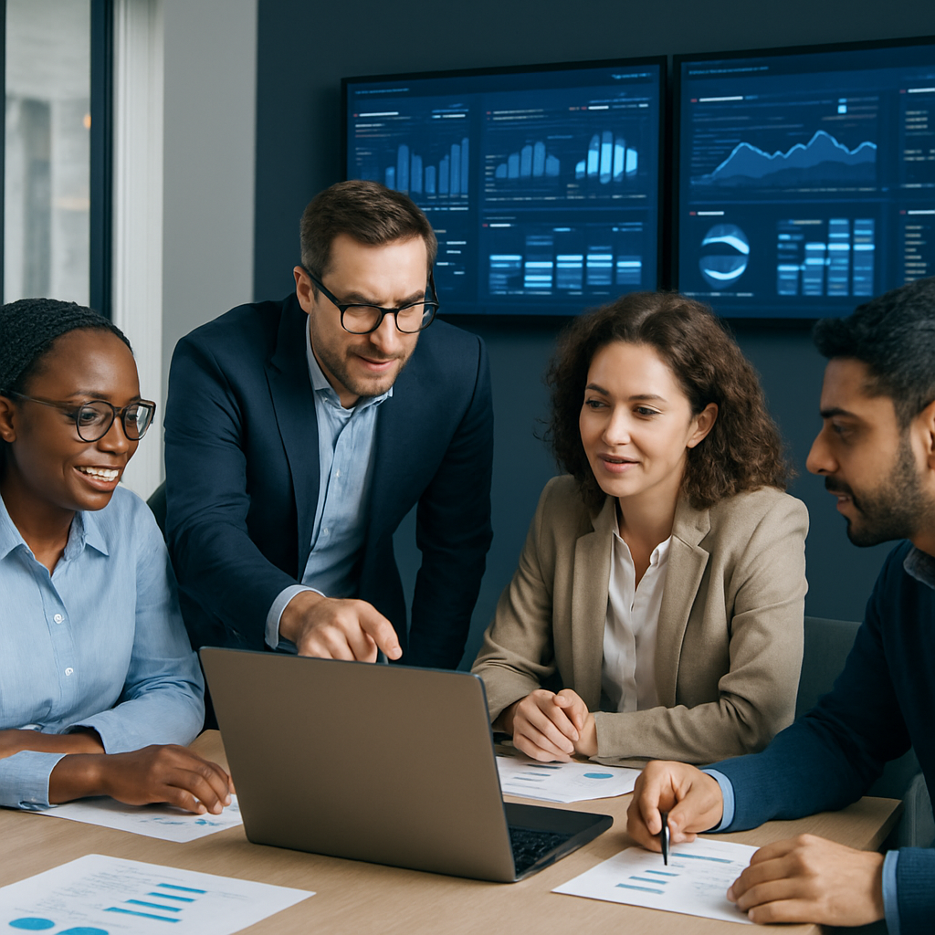 Peepoflye team collaborating in a modern workspace with data dashboards on screen