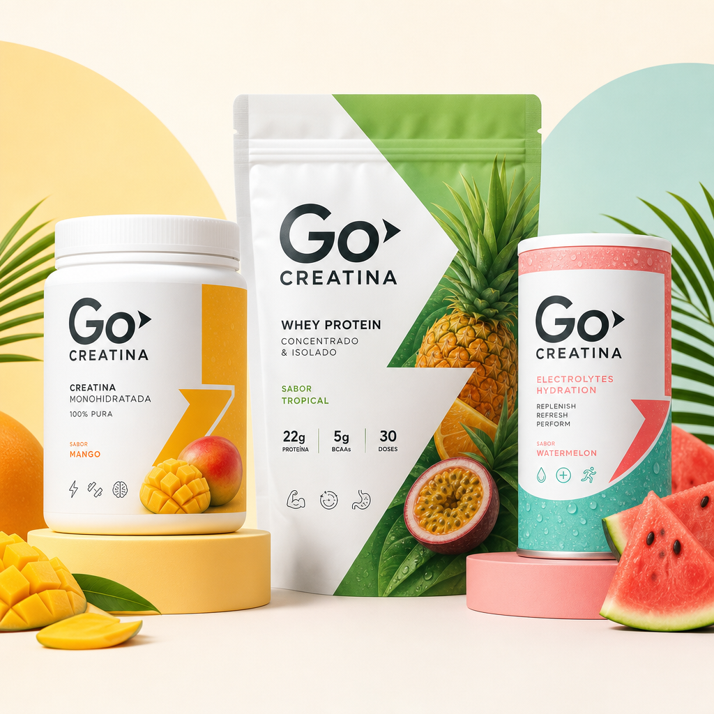 Composición de estudio limpia y centrada con envases Go Creatina: un bote de creatina, un pack de proteína y un producto de hidratación/electrolitos, todos con branding Go Creatina visible y etiquetas coloridas de estilo wellness DTC