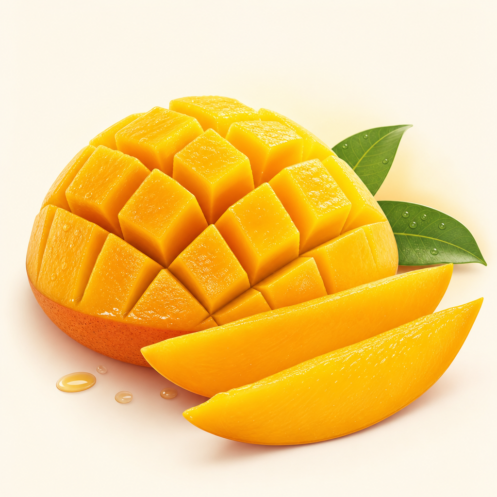 Acento de mango fresco en rebanadas, con pulpa amarillo anaranjada vibrante y estilo ilustrado suave