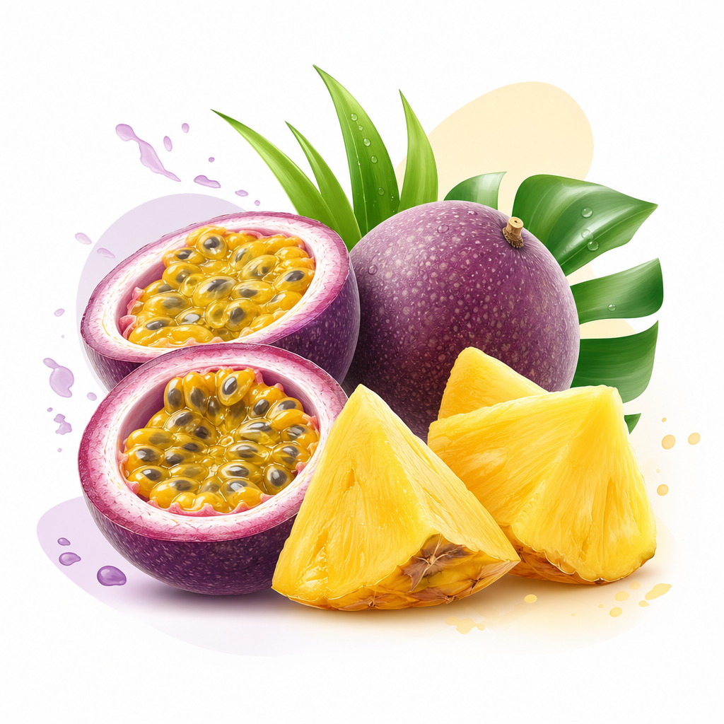 Acento de frutas tropicales con maracuyá y trozos de piña, en estilo ilustrado brillante y wellness