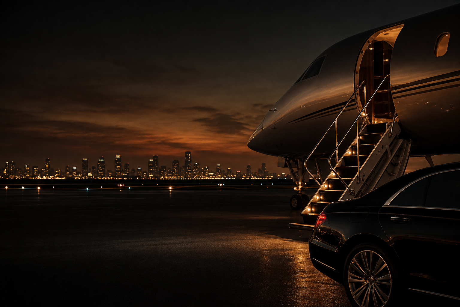 Moody luxury scene with a private jet stairway, polished black car silhouette, and warm city lights at dusk