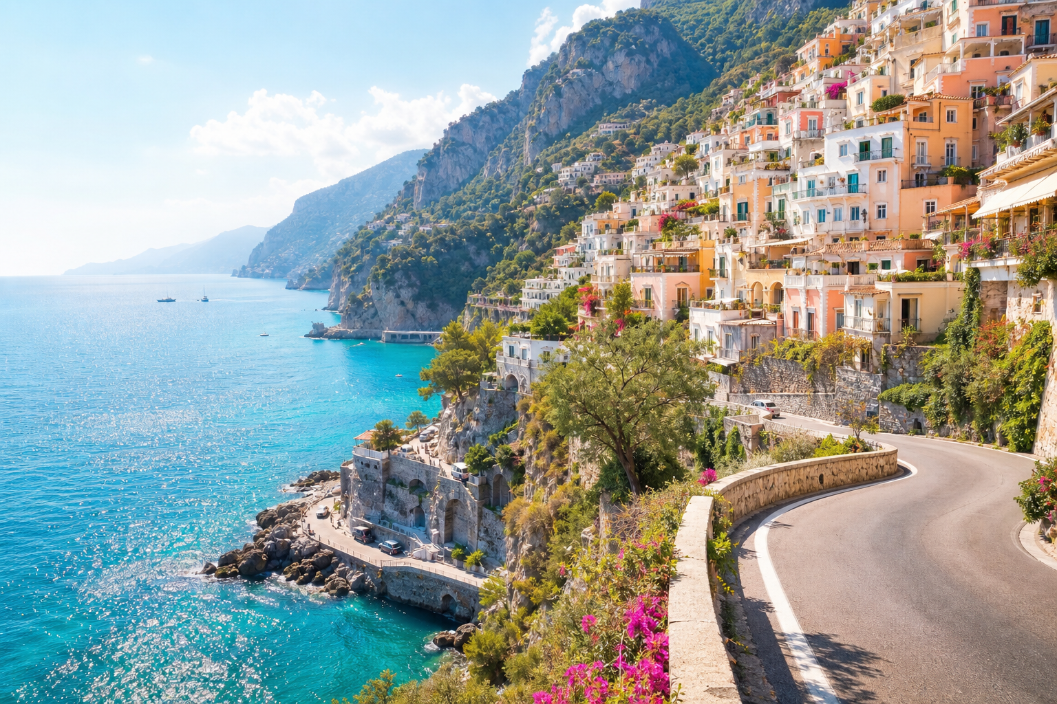 Colorful Amalfi Coast village above the Mediterranean