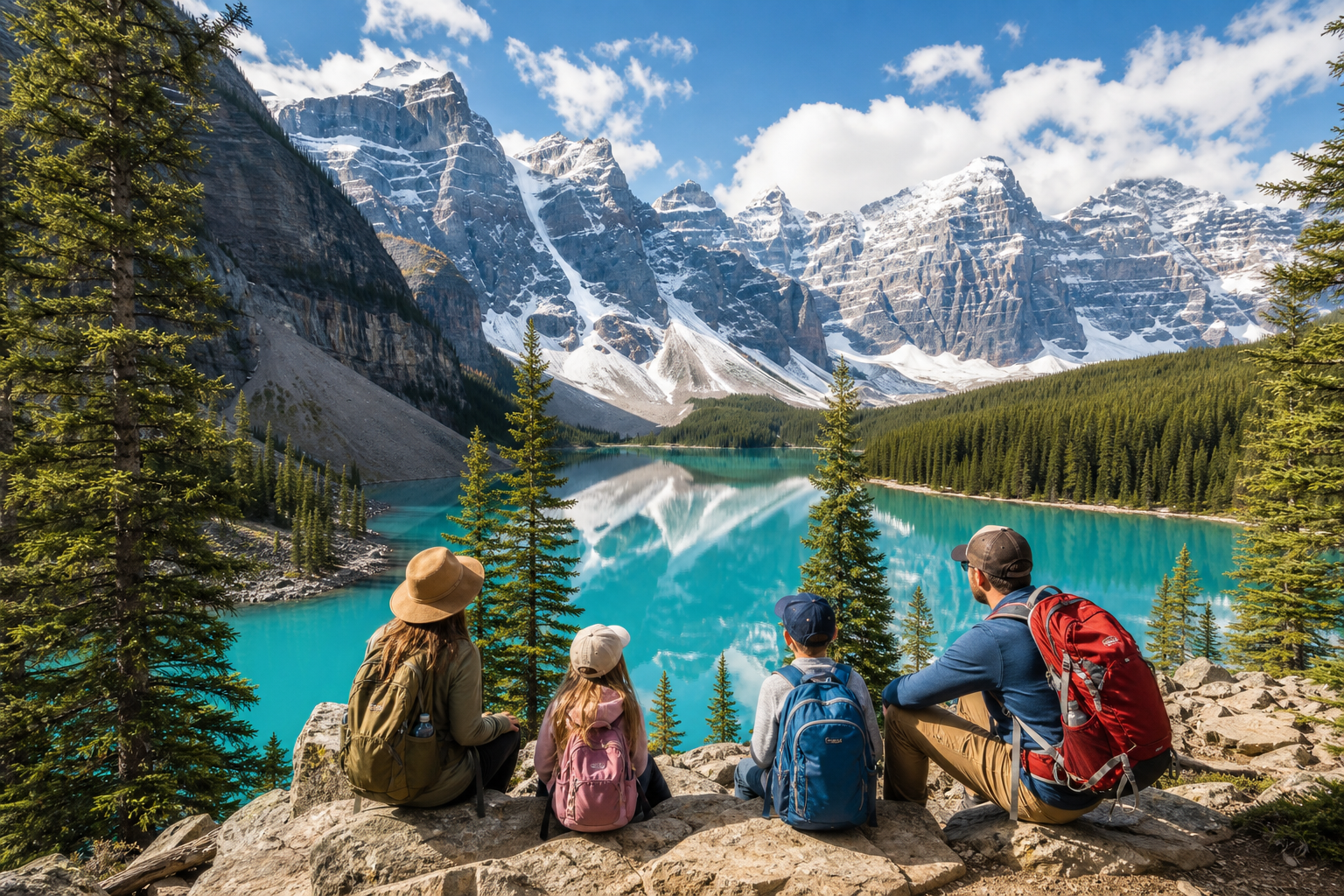 Turquoise Banff alpine lake with pine forest and mountain peaks