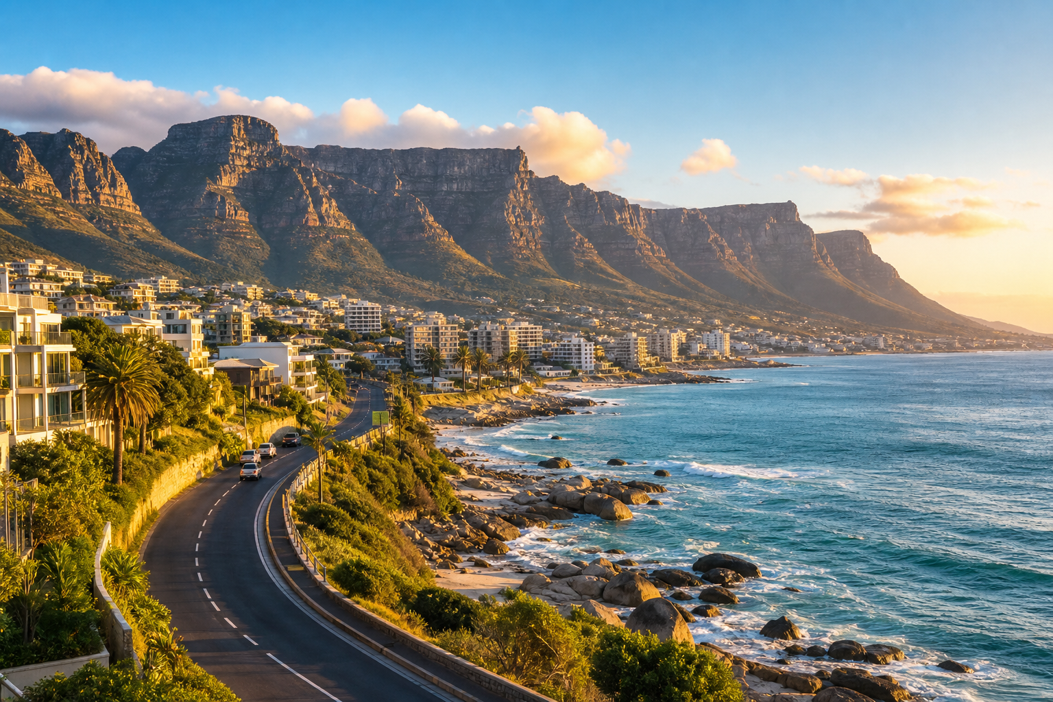 Cape Town coastline with Table Mountain in soft evening light