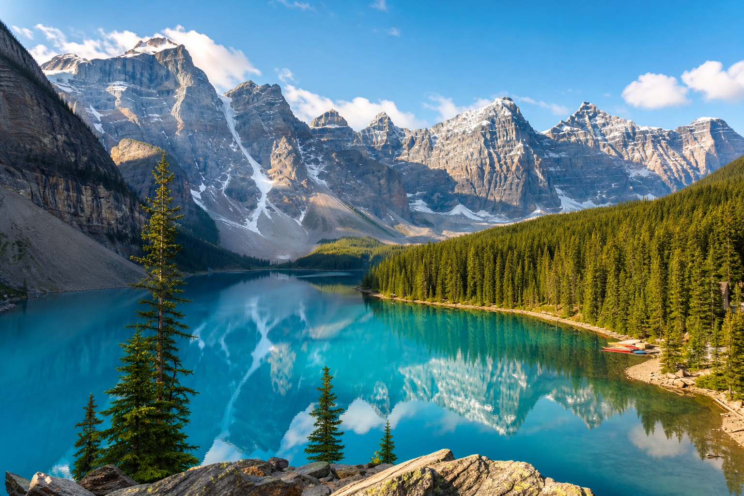 Emerald alpine lake in Banff with pine forests and snow-dusted mountain peaks