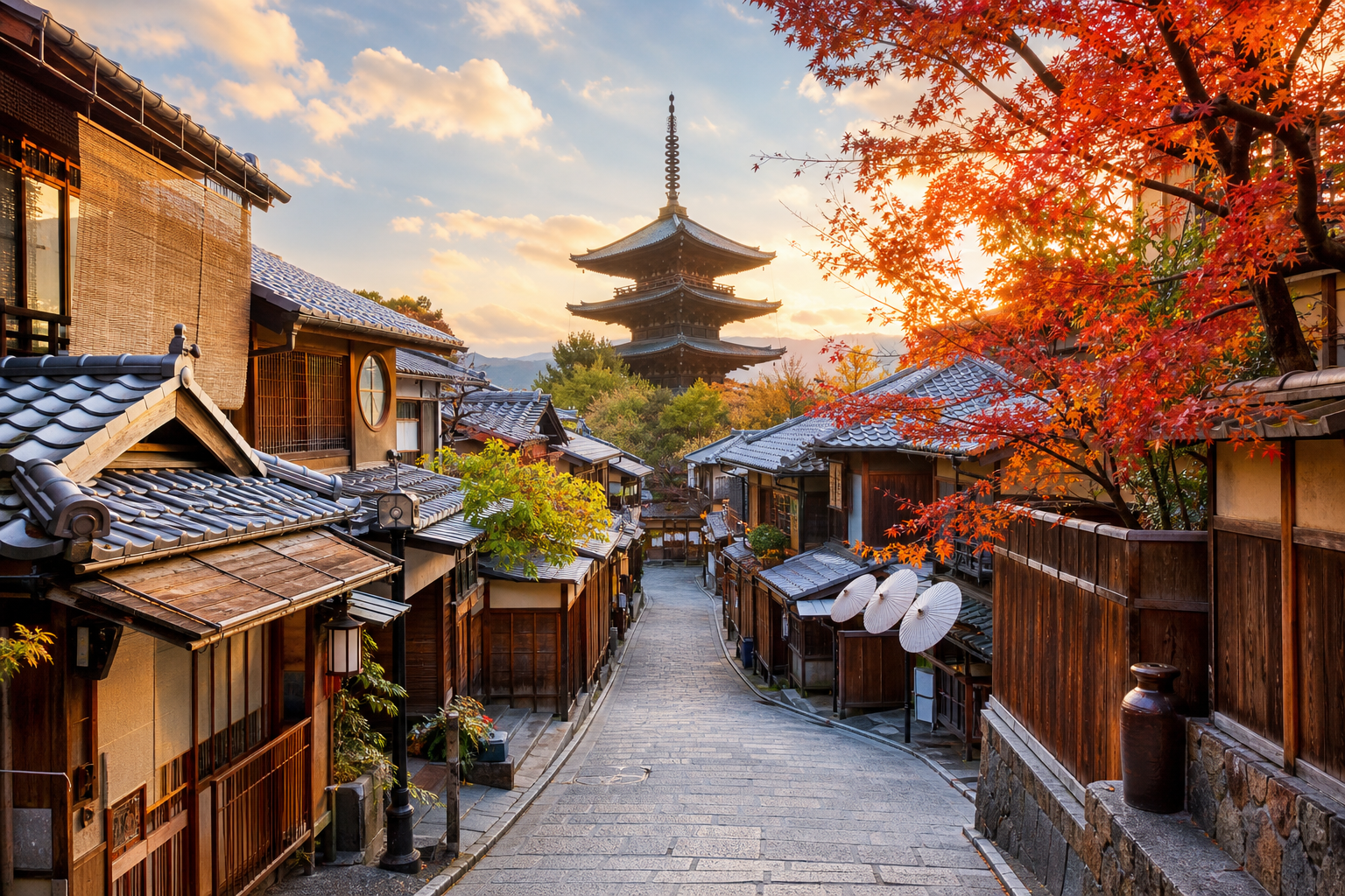 Traditional wooden lane in Kyoto framed by maple trees and temple rooftops at golden hour