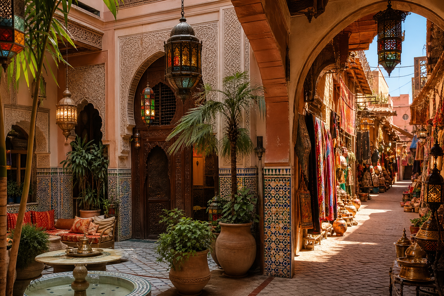 Colorful market lanterns and historic courtyard architecture in Marrakech
