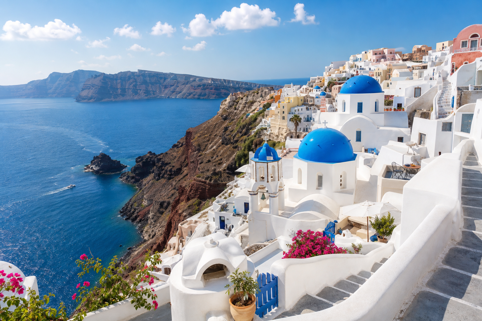 Whitewashed homes and blue domes overlooking the Aegean Sea in Santorini