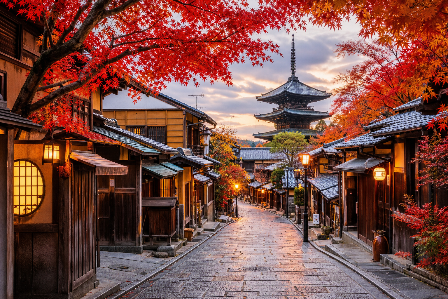 Traditional Kyoto street lined with maple trees in autumn