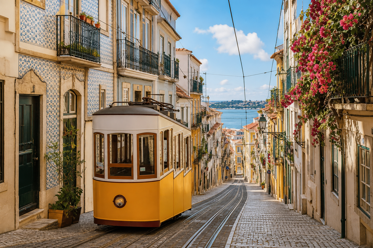Yellow tram climbing a colorful Lisbon hillside neighborhood