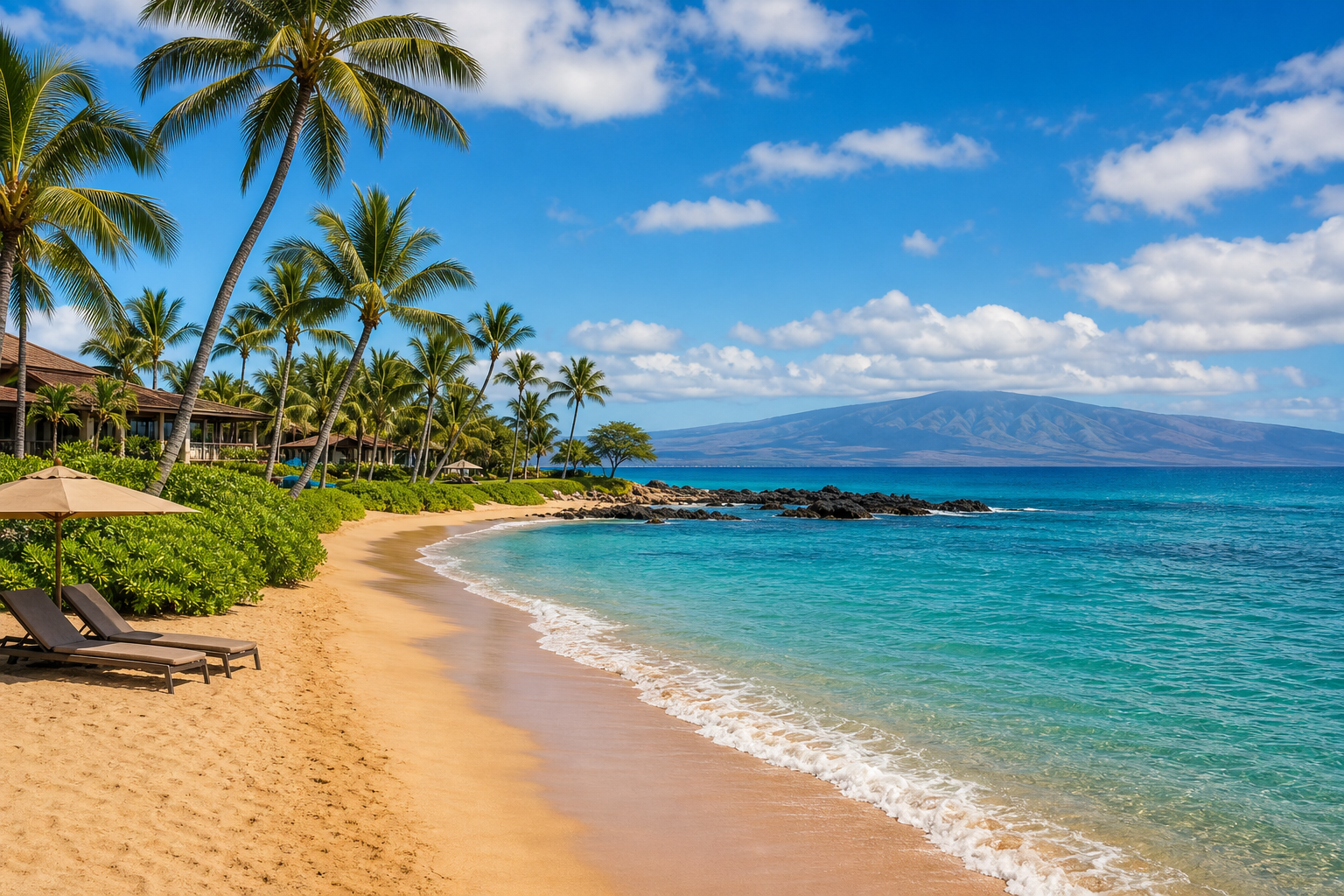 Palm-fringed Maui beach with gentle turquoise surf