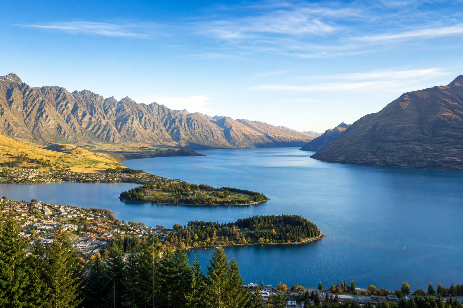 Queenstown lake and alpine valley under clear morning sky
