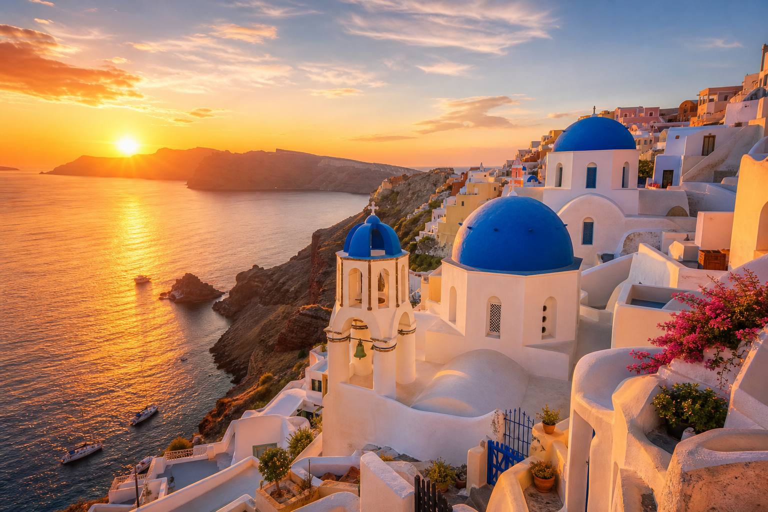 White cliffside homes overlooking a Santorini caldera at sunset