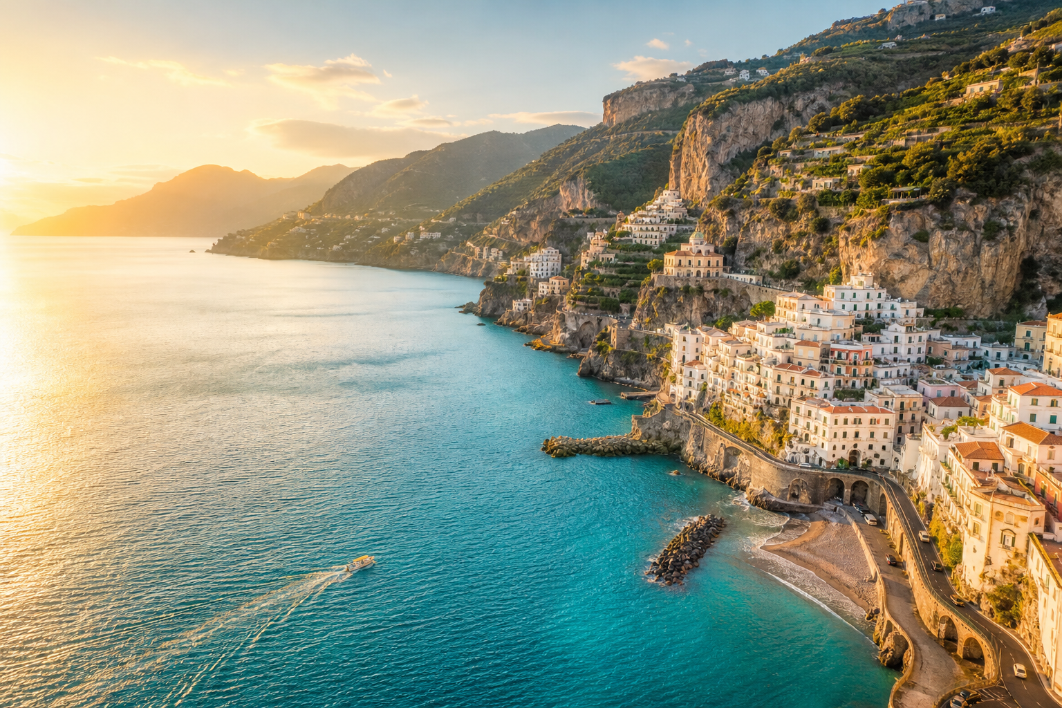 Sunlit coastal destination with turquoise water, cliffside village, and winding shoreline viewed from above