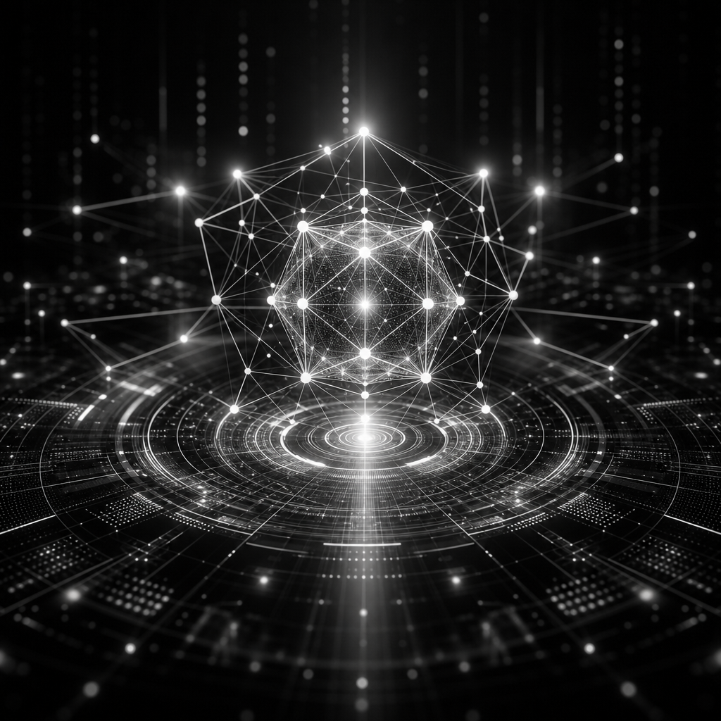Abstract AI data lattice with glowing cyan-violet nodes and connecting lines forming a geometric core