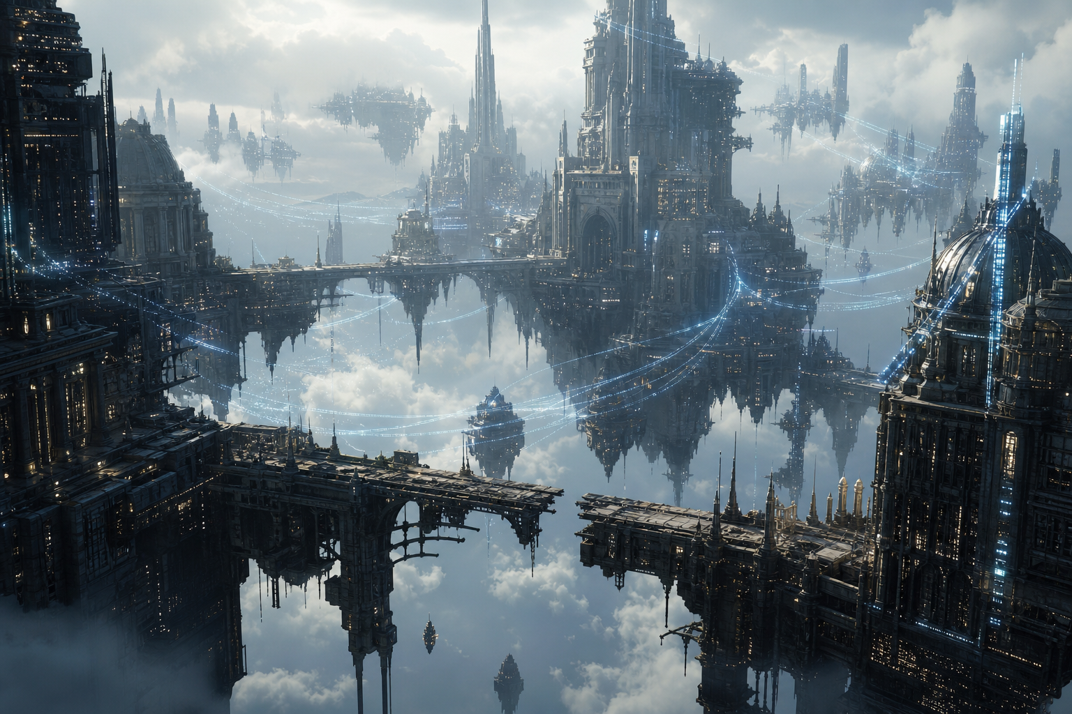 A fragmented city floating in a pale sky with broken bridges and glowing data streams