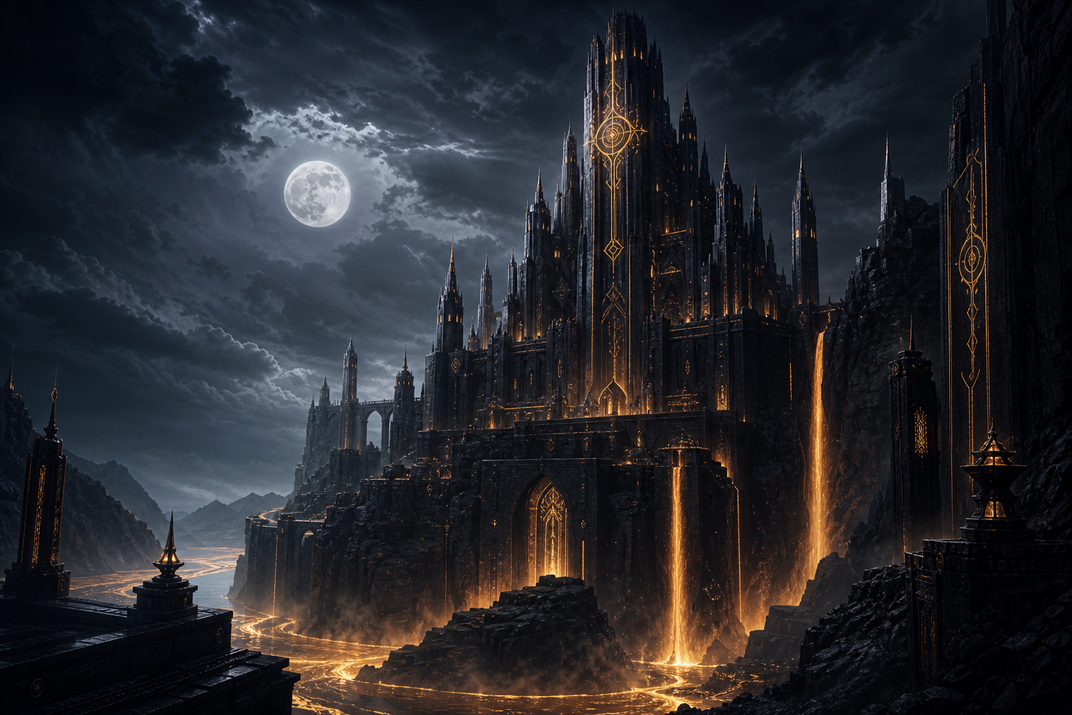 A moonlit citadel of black stone with glowing runes and a river of molten light beneath