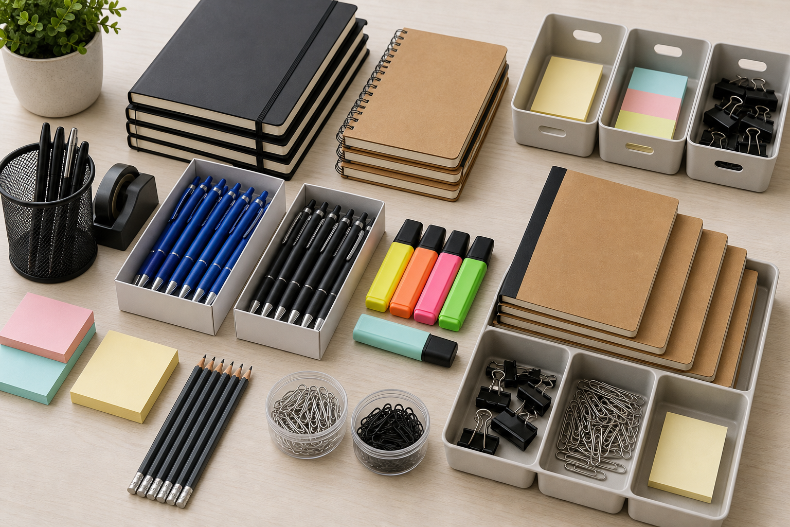 Organized stationery bundles on a desk with stacked notebooks, boxed pens, markers, sticky notes, and labeled trays prepared for team distribution