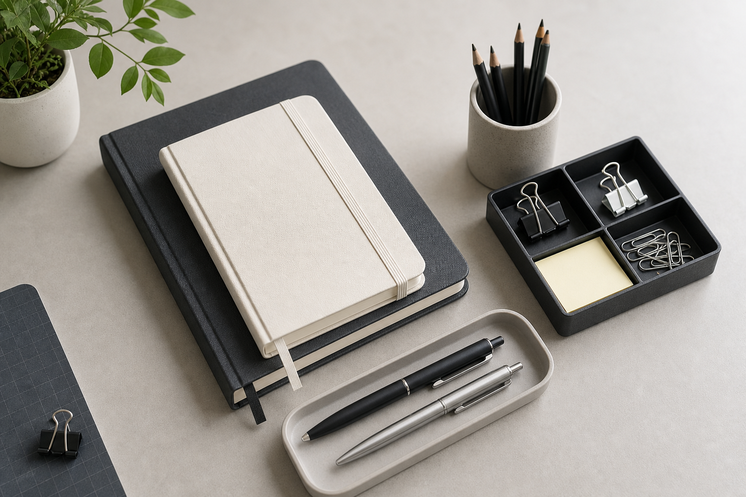 Neatly arranged stationery still-life with stacked notebooks, assorted pens, and desk organizers on a clean professional workspace surface