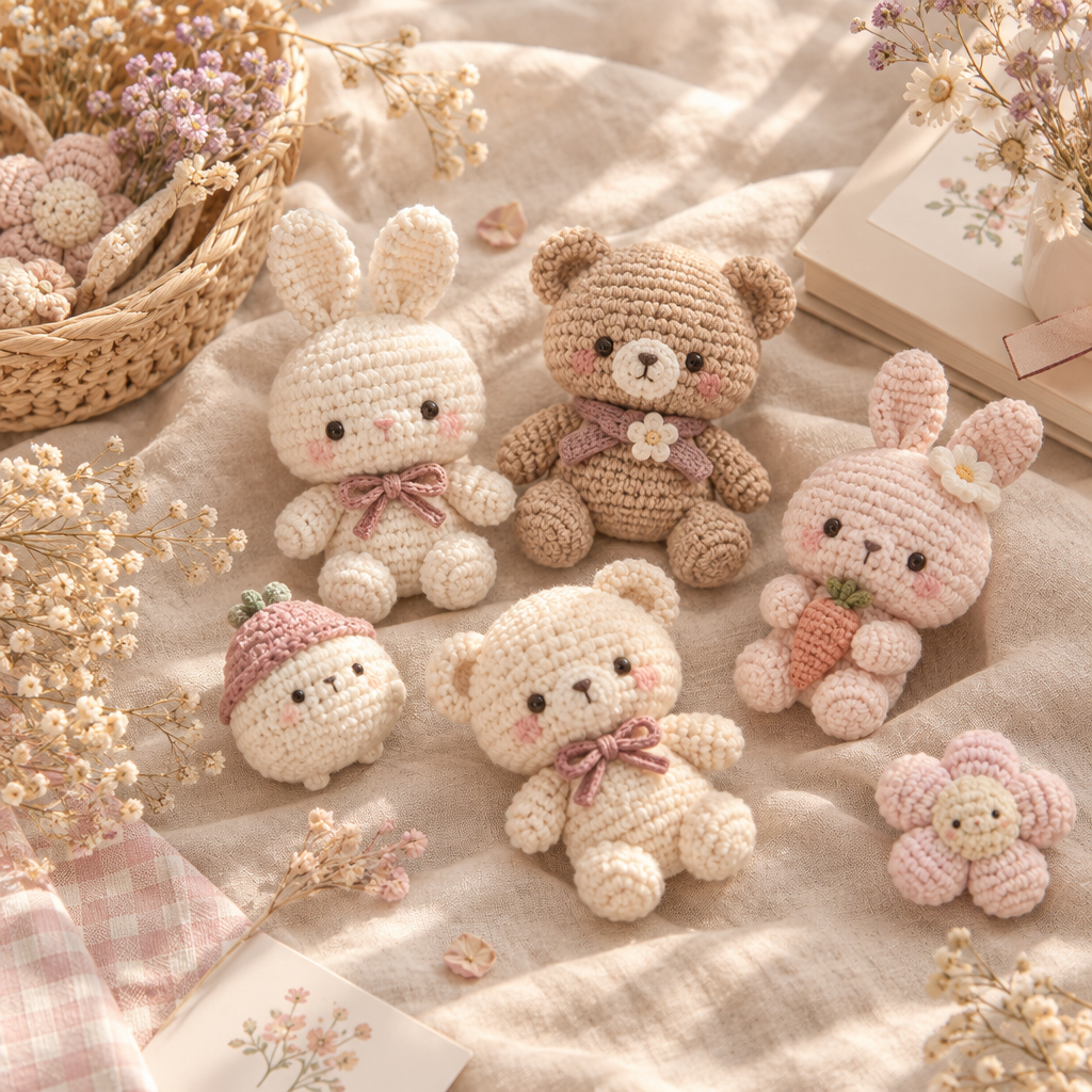 Cream and blush crochet plushies arranged on a soft linen surface with warm boutique light