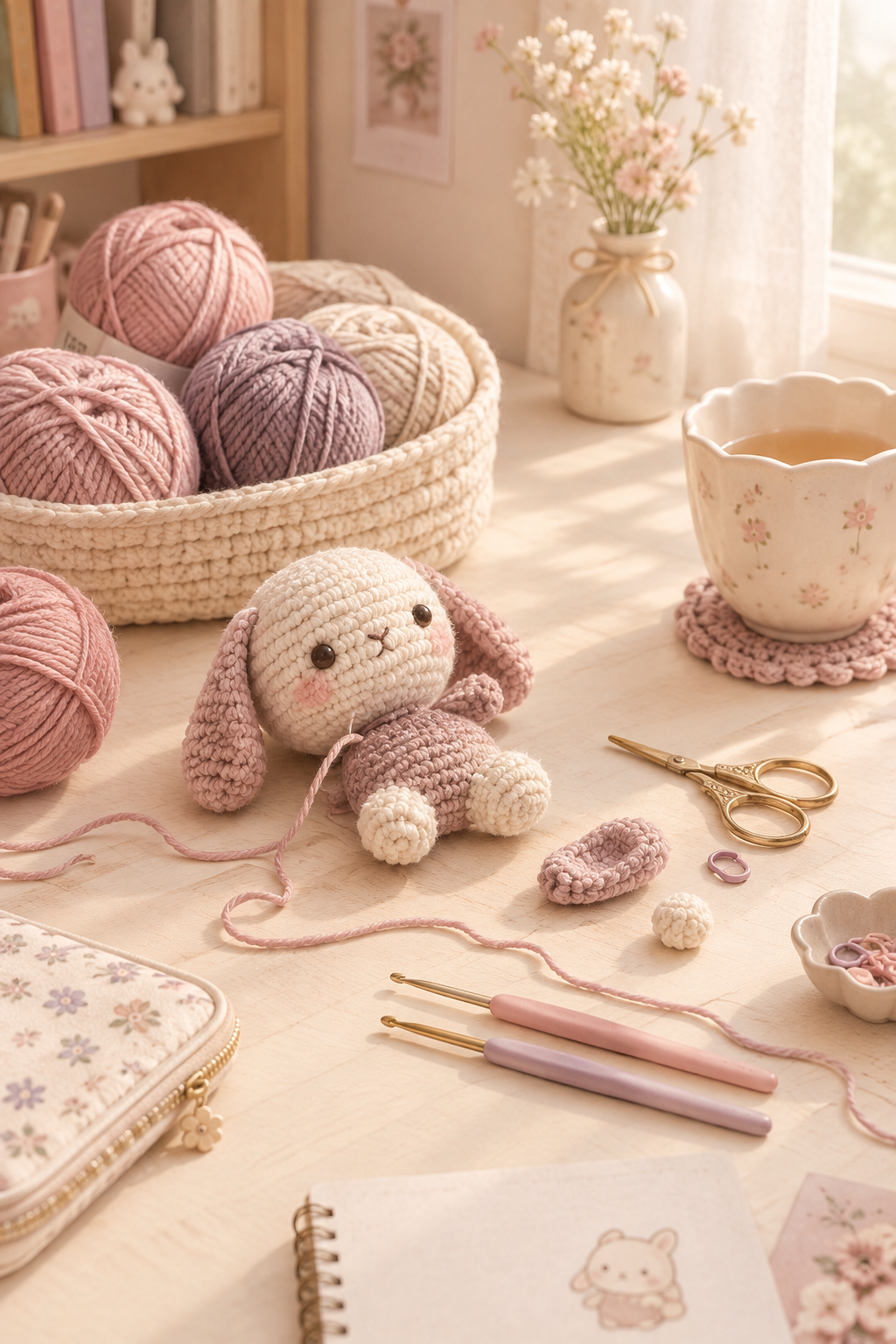 Cozy crochet workspace with pastel yarn skeins, a half-finished plushie, and handmade tools on a cream-toned wooden desk